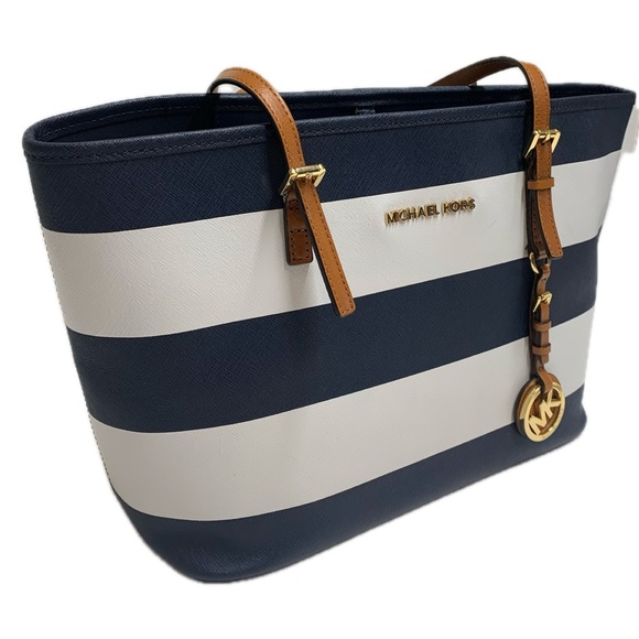 Michael Kors Blue Striped Leather Tote - Picture 3 of 16